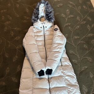 Pajar Silver Puffer Coat with Faux Fur Hood